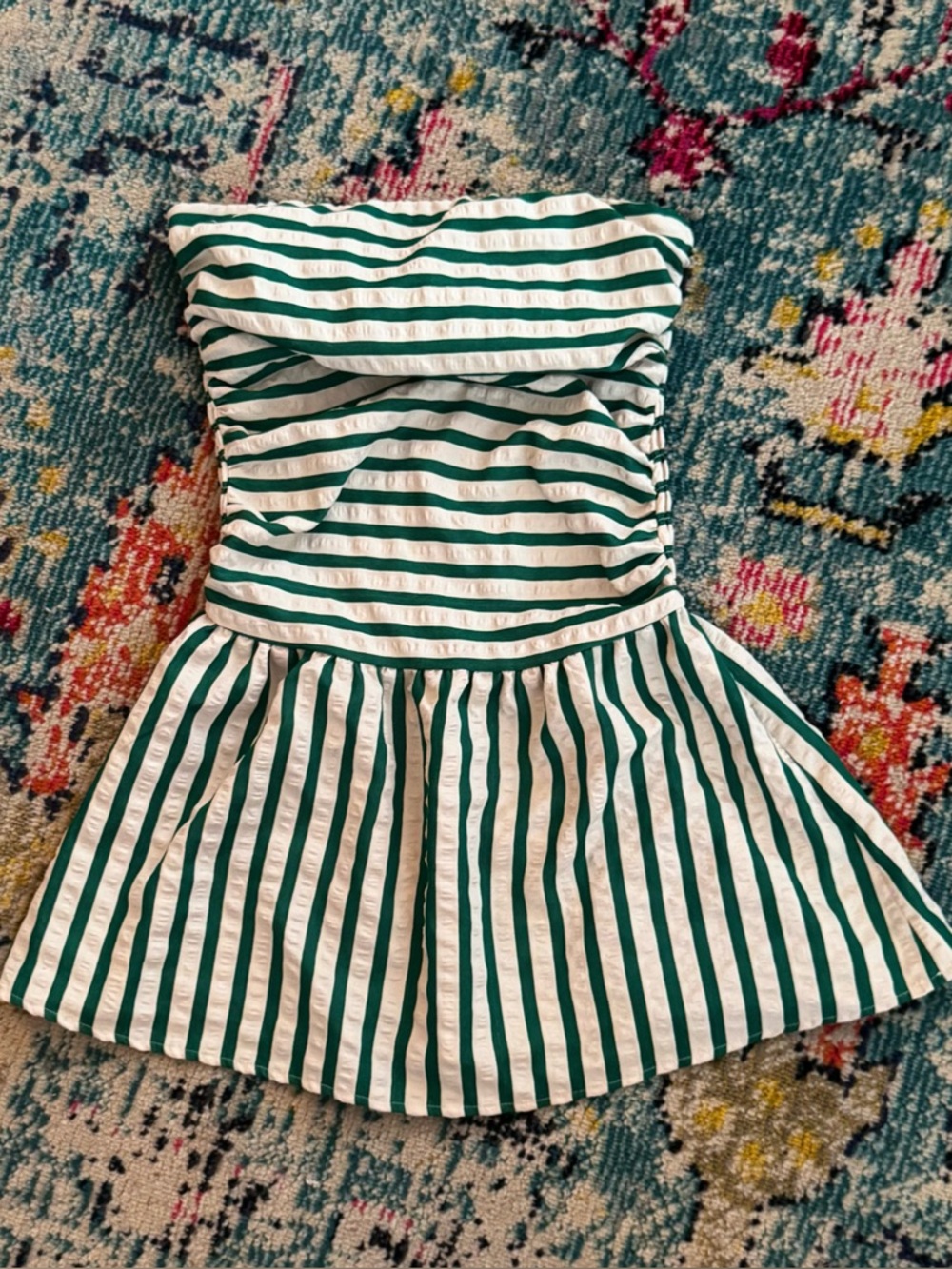 Green and White Striped Strapless Dress